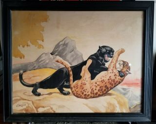 Vintage Framed Jungle Cats Carlo Of Hollywood Watercolor Mid Century Rare Jaguar