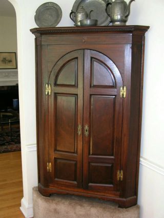 Antique 18th Century English Corner Walnut Cupboard Tombstone Doors Magnificent