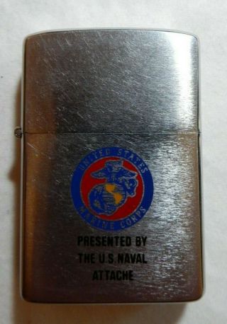 Vintage 1984 Brushed Metal Zippo Lighter - - Us Marine Corp Naval Attache