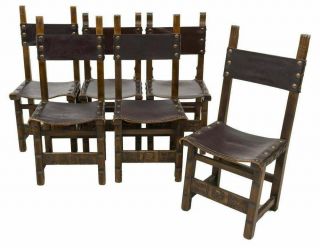 Chairs,  Dining,  Spanish,  Set Of Six,  Toledo Walnut & Leather Chairs,  Vintage