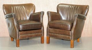 Vintage Distressed Rrp £1700 Halo Little Professor Brown Leather Armchairs Pair