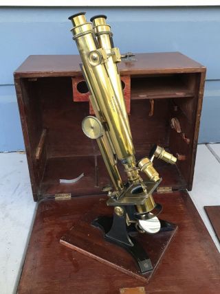 Antique Large Smith & Beck London Brass Binocular Microscope & Box