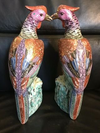 11 " Pair Antique Chinese Bird Paradise Statues Figure Hand Painted Famille Verte