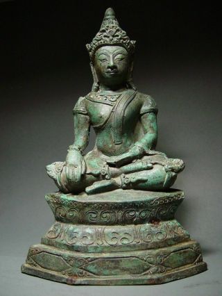 Antique Bronze Enthroned Crowned Ayutthaya Buddha,  Temple Relic.  19/20th C.