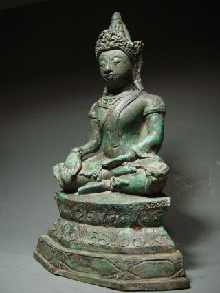 ANTIQUE BRONZE ENTHRONED CROWNED AYUTTHAYA BUDDHA,  TEMPLE RELIC.  19/20th C. 2