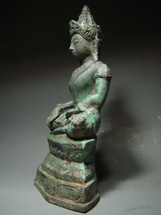 ANTIQUE BRONZE ENTHRONED CROWNED AYUTTHAYA BUDDHA,  TEMPLE RELIC.  19/20th C. 3