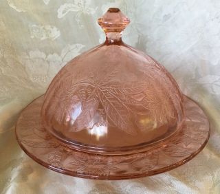 Vintage Butter Dish & Cover Floral Poinsettia Pink Depression Glass Jeannette