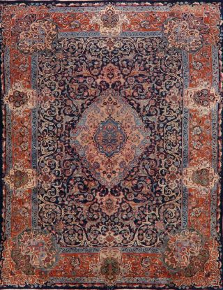 Vintage Navy Blue Rust Kashmar Floral Area Rug Hand - Knotted Oriental Carpet 9x13