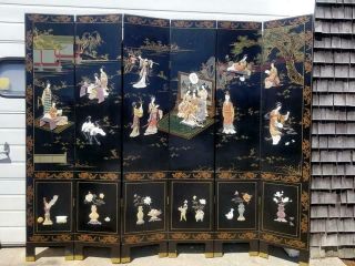 Antique Chinese Black Lacquer Inlaid Screen