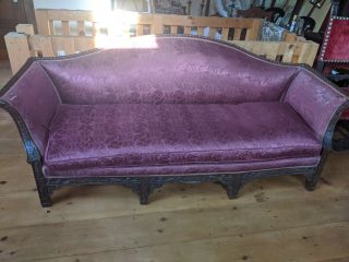 Chinese Chippendale Sofa,  Victorian Era Settee,  Burgandy,  Vintage,  Antique