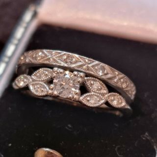 Antique Platinum And Diamond Solitaire Engagement And Wedding Ring Set 2