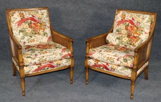 Gorgeous Pair Custom Upholstered Embroidered French Louis Xvi Style Cane Chairs