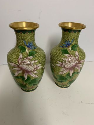 Vintage Matched Pair Mirror Image Jingfa Gilt Copper Cloisonne Enamel Vases