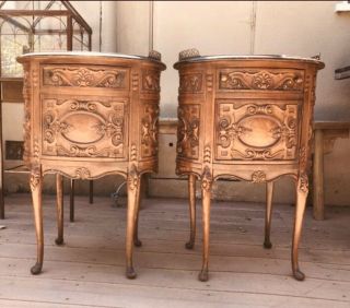 2 Antique 1940/50’s French Style Hand Carved Oval Drawer Side Tables