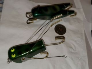 2 Vintage Unknown Wood Fishing Lures Glass Eyes Grasshopper Frog