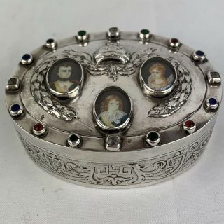 Antique French Silver Oval Trinket Box Inset Portrait Miniatures Napoleon