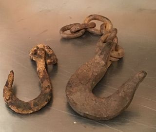 Vintage Rusty Chain With Cast Iron Hook 7 Link Vintage Farm Tool Primitive Set 2