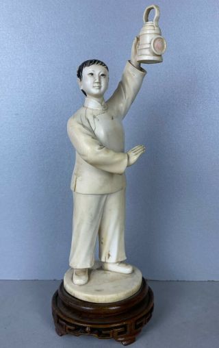 Fine Chinese Cultural Revolution Wooden Polychromed Sculpture With Stand