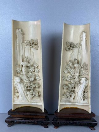 Fine Chinese Pair Antique 19th C.  Century Wooden Polychromed Sculptures Stand