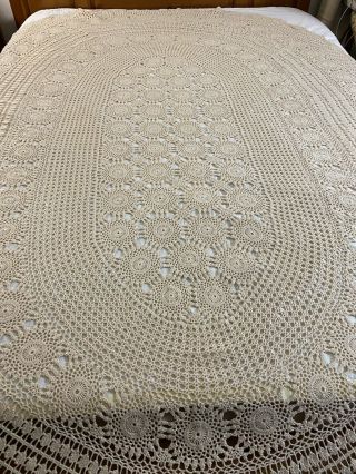 Vintage Handmade Hand Crochet Oval Tablecloth 70 " X 98 " Oval Shape