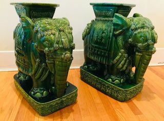 Vintage Pair Emerald Green Ceramic Elephant Plant Stand / Side Table