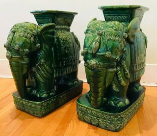 Vintage Pair Emerald Green Ceramic Elephant Plant Stand / Side Table 2