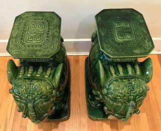 Vintage Pair Emerald Green Ceramic Elephant Plant Stand / Side Table 3
