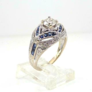 Vtg Antique Art Deco European Cut Diamond Blue Sapphire 18k White Gold Ring Lhe2