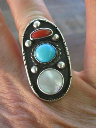 Vintage Navajo Native Sterling Silver Turquoise Coral Ring Size 7.  5 Signed M