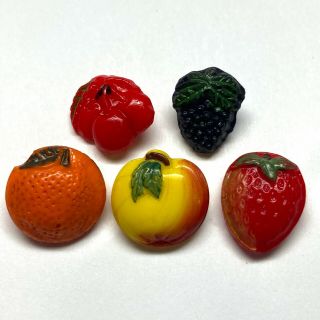Vintage Buttons Set Of 5 Glass Fruit Orange Apple Strawberry Grapes Cherries