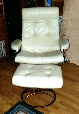 Vintage Ekornes Cream Color Leather Recliner Chair & Ottoman