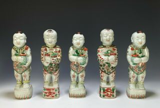 Group Of 5 Antique Chinese Porcelain Statues Of Standing Boys - 18c