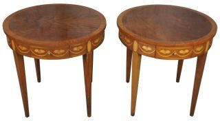 Baker Chippendale Round Inlaid Side End Table W Pullout Tray Flame Mahogany Burl