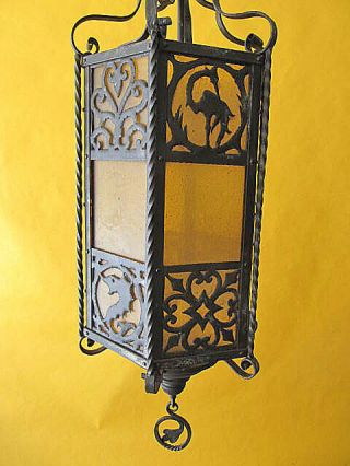 Vitage Spanish Revival Iron Hanging Pendant Light With Amber Glass Panels 1930 