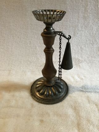Vintage 8.  5” Tall Cast Iron / Wood Oil Lamp Holder W/ Snuffer