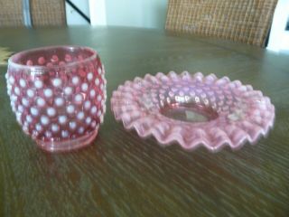2 Vintage Fenton Opalescent Hobnail Ruffled Cranberry Dish & Small Vase