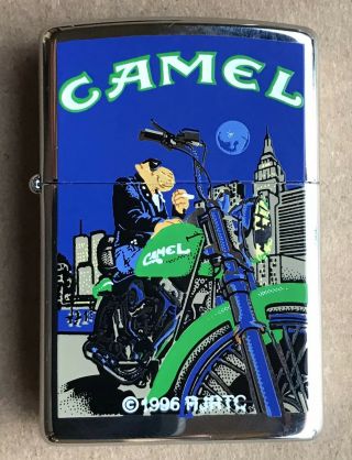 1997 Zippo Camel Joe Camel Sitting On Green Motorcycle In Great