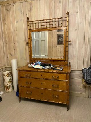 Antique R.  J.  Horner Birdseye Maple Faux Bamboo Dresser W/mirror