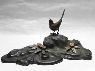 Japanese Bronze Okimono Of A Bird At Waters Edge