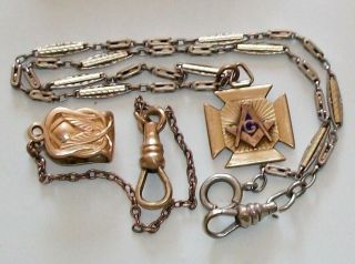 Vtg Masonic J.  F.  - S.  S & 1/10 14k Gold Filled Pocket Watch Fob Chains 16.  8 G