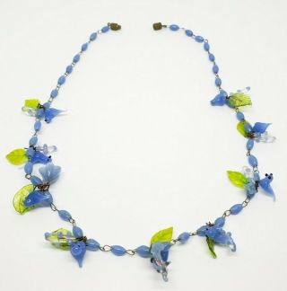 Stunning Vintage Art Deco Sky Blue Art Glass Song Bird & Leaf Beaded Necklace