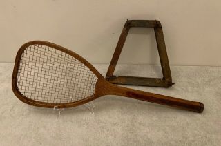 Rare Circa 1890 Primitive Antique Flat Top Wood Tennis Racket W/ Press Checkered