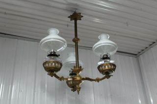 Antique Cast Iron 3 Arms Oil Lamp Chandelier Bradley & Hubbard Era Glass Shade