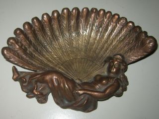 Terrific Antique Bronze Art Deco Ashtray - Naked Woman On A Bed Of Feathers