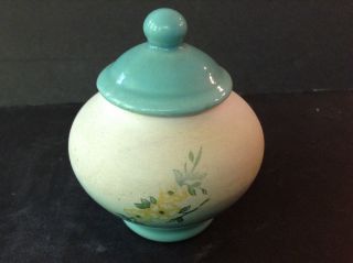 Vintage Mini 3 " Ceramic Half Blue Glazed Lidded Jar With Flower Design