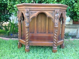 Vintage Wooden Carved Gothic Console Table With 4 Different Priest Figure