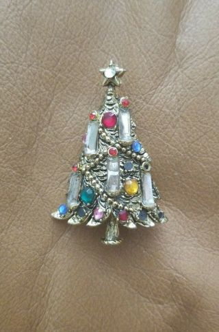 Vintage Hollycraft Christmas Tree Pin Brooch Rhinestone Candles & Bright Colors