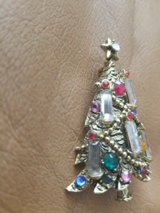 Vintage HOLLYCRAFT Christmas Tree PIN Brooch Rhinestone Candles & Bright Colors 3