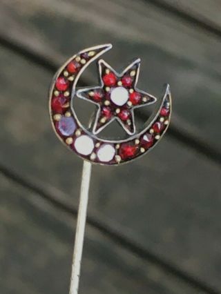 Antique Vintage Bohemian Garnet Crescent Moon & Star Stick Pin