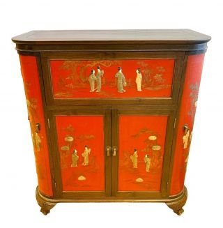 Asian Chinese Red Lacquer Floating Dry Bar Liquor Chinoiserie Cabinet
